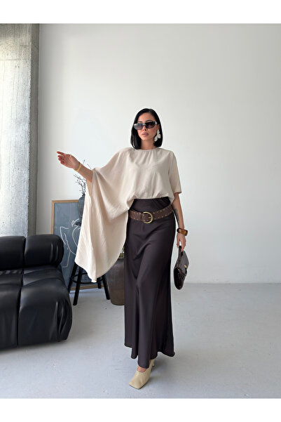 MODAMERSİ Kadın Bej Asimetrik Kesim Oversize Bluz