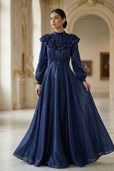 hakimoda Gülfem i̇nci organza evening dress navy blue