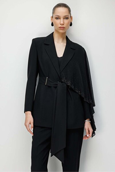 Moda İlgi Modailgi Beli Kuşaklı Tek Omuz Taş Detaylı Şifon Kollu Ceket - 4501...