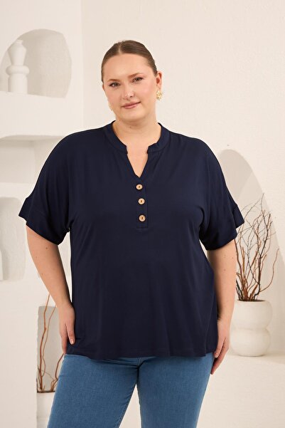 RMG Hakim Yaka Plus Size Buttoned Blouse Navy Blue