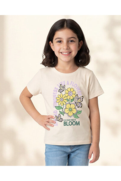 REDTAG Girls Beige Placement Print T-Shirt