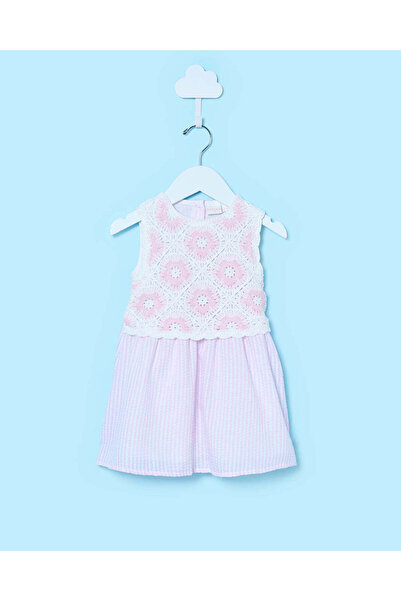 REDTAG فستان وردي اللون للبنات الصغيرات، مصنوع من الكروشيه، ذو حافة مجعدة