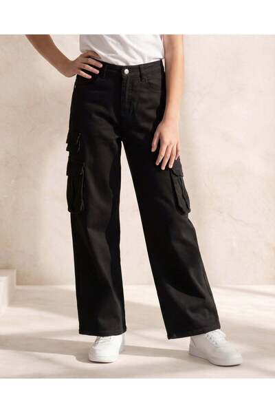 REDTAG بنطلون كارجو أسود واسع الساقين للبنات في المرحلة الثانوية