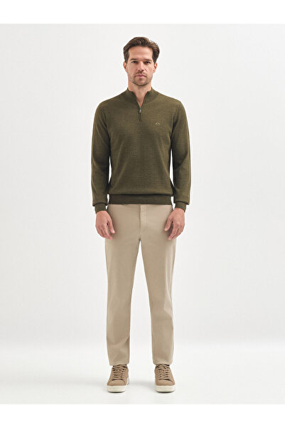 Karaca Haki Yün Karışımlı Yarım Balıkçı Fermuarlı Triko Kazak