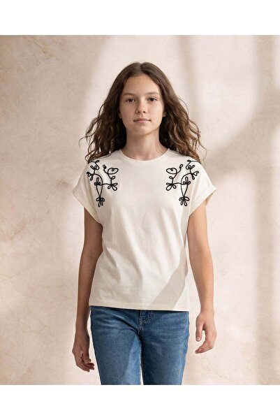 REDTAG Senior Girls Cream Embroidered Extended Sleeve Top