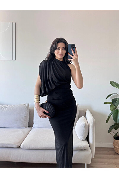 Zoom Butik Tek Omuz Drapeli Elbise - SİYAH