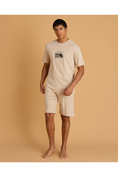 REDTAG Men Beige T Shirt With Shorts Pyjama Set