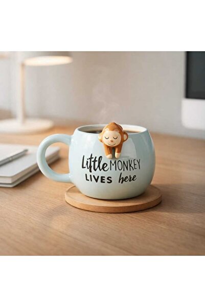 Evidea Kitchen Maymun Desenli Seramik Kupa - Mavi - 400 ml