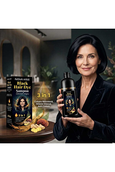 NOVA KISS Șampon colorant NOVA KISS® pentru vopsirea părului negru, 3 în 1, acoperire pentru părul gri, formulă îmbunătățită, 500 ml