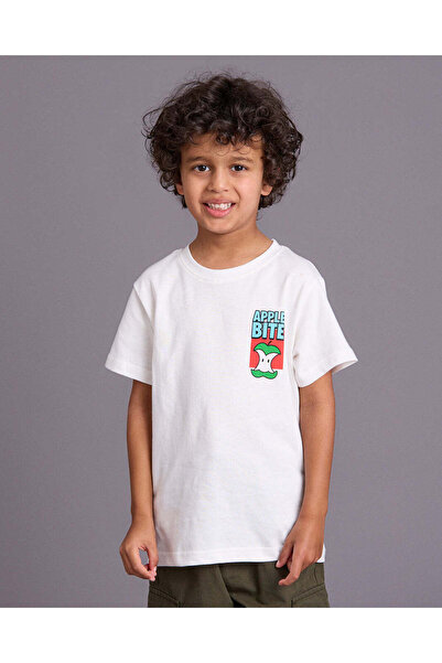REDTAG Boys White Apple Bite Placement Print T-Shirt