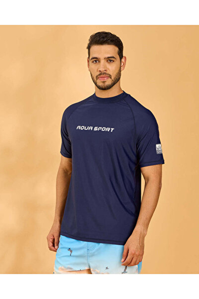 REDTAG Men Navy Printed Swim T-Shirt