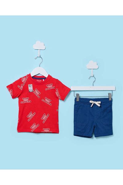 REDTAG Infant Boys Red and Navy 2 Piece Shirt and Shorts Set