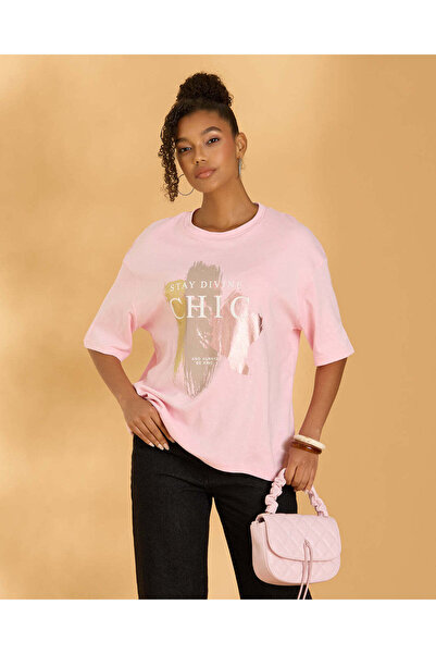 REDTAG تيشيرت نسائي وردي فضفاض مطبوع