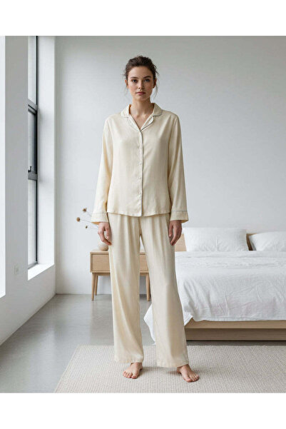 REDTAG طقم بيجاما نسائي بيج سادة بأكمام طويلة وياقة