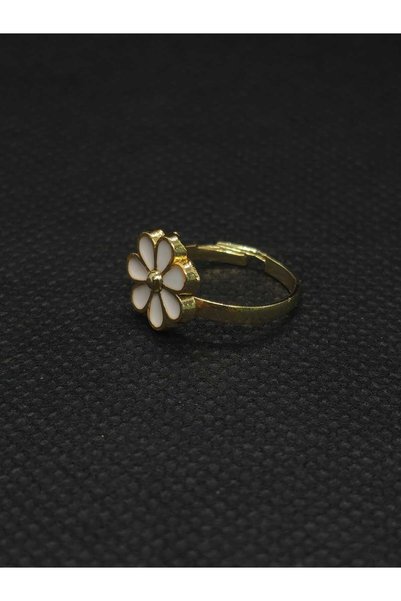 sarıyer silver White Flower Model Steel Children's Ring with Enamel Embroidery, Yellow Gold Color Plated, Adjustable Size