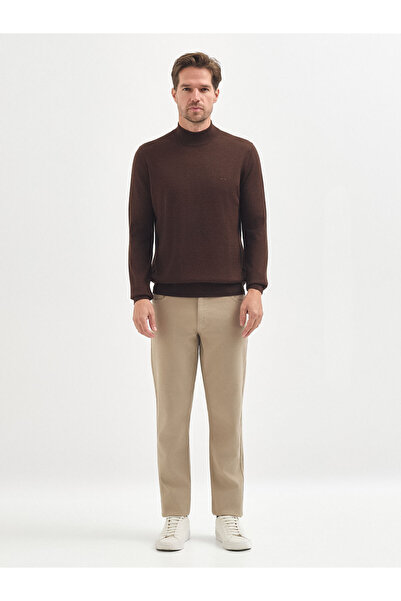 Karaca Kahverengi Yün Karışımlı Yarım Balıkçı Yaka Triko Kazak