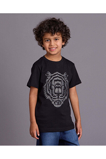 REDTAG Boys Black Tiger HD Print T Shirt