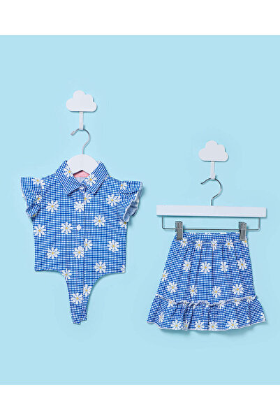 REDTAG Infant Girls Blue 2 Piece Bodysuit and Skirt Set
