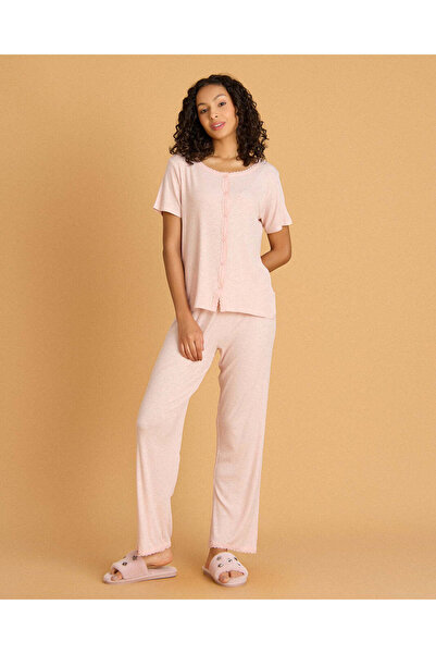 REDTAG Women Pale Pink Melange Short Sleeve Pyjama Set