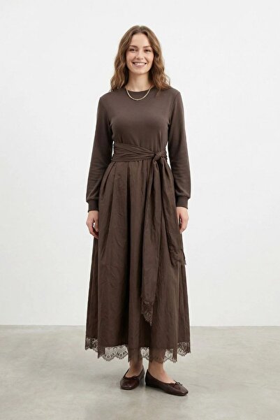 Loreen Belted Lace Pleated Dress-Bitter Coffee Bitter Coffee