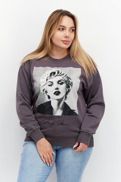 Marilyn Monroe كنزات نسائية بأكمام طويلة مطبوع وياقة دائرية، لون رمادي فحمي