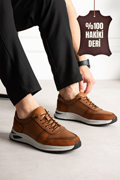 Victoris Nexon Genuine Leather Men's Lace-Up Comfort Sole Casual Tan Sneakers