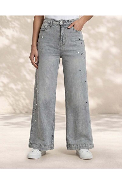 REDTAG Women Grey Wide Leg Embellished Jeans