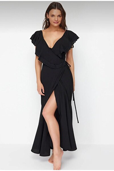 marvion Siyah Maksi Dokuma Bağlamalı Plaj Elbisesi