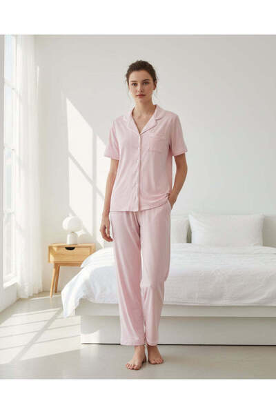 REDTAG Women Pale Pink Printed Short Sleeve V Neck Pyjama Set