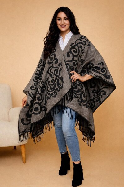 ALDAIYR Kadın Kışlık Çift Taraflı Panço Omuz 140x140