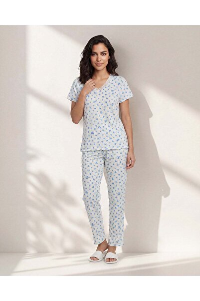 REDTAG Women White Blue Floral V Neck Pajama Set