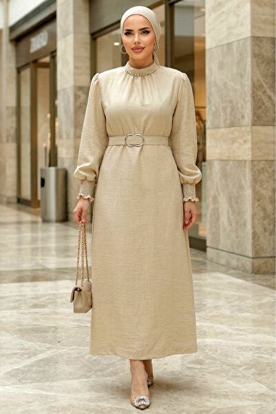 FERHEL Hijab Collar Stone Detailed Sleeve Ruched Belt in Linen Dress - Beige