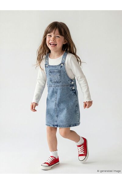 LC Waikiki Lcw Kids Indigo Bow and Stone Decorated Girls' Jean Salopet Dress