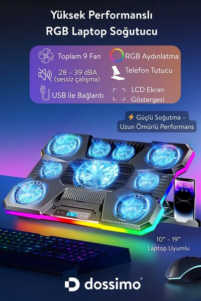 Dossimo Nitro RGB Işıklı 9 Fanlı LCD Göstergeli 2 Usb Girişli Yükselebilen No...