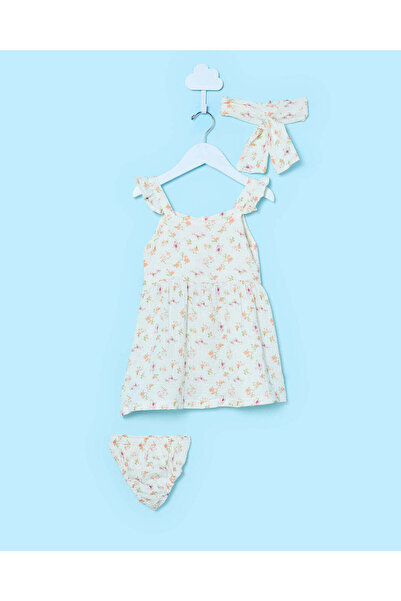 REDTAG Infant Girls White Printed Dress With Brief and Headband