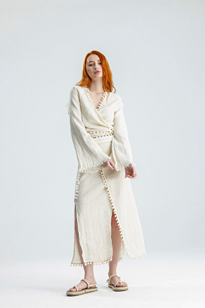 Lorenzella Muslin Double-Breasted Dress with Pompom Detail Bohemian Long Dres...