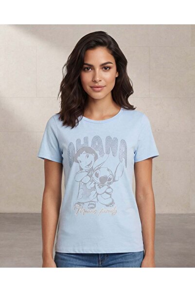 REDTAG Women Pale Blue Stitch Graphic Oversized T Shirt