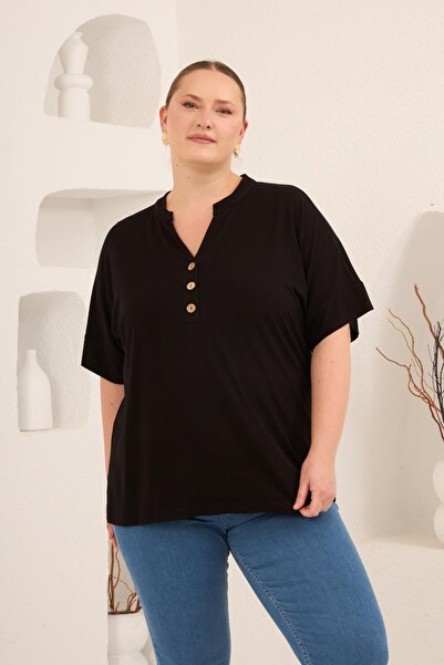 RMG Hakim Yaka Plus Size Buttoned Blouse Black