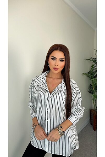 DİDEM GÜLTAKTI Jaidyn Kadın Sim Geçişli Beyaz Oversize Gömlek