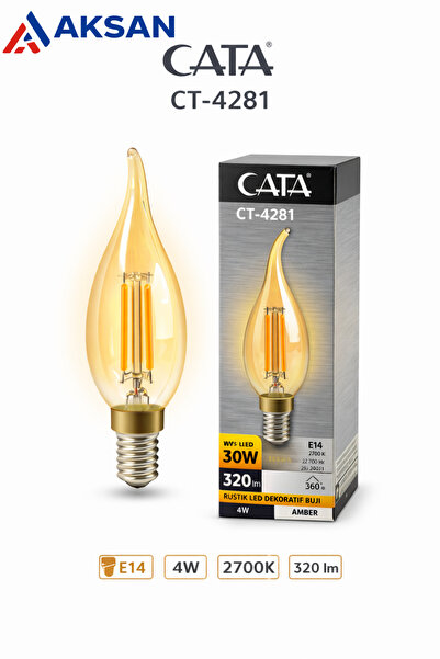Cata CT-4281 4W E14 Kıvrık Buji Rustik LED Ampul 2700K Kehribar Camlı Dekorat...