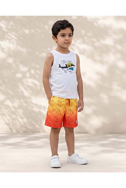 REDTAG Boys White And Orange Printed Vest And Shorts Swim Set