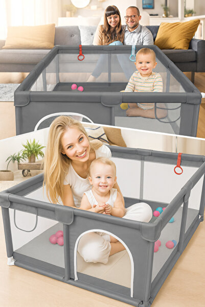 ROHS Țarc de joacă pentru copii HappyKID cu 4 inele de ridicare, saltea și bile, plasă de protecție și ușă, 120x120x65cm