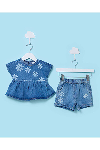REDTAG Infant Girls Blue Denim 2 Pcs Top and Shorts Set