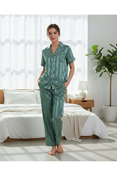 REDTAG Women Green Jacquard Short Sleeve Pyjama Set