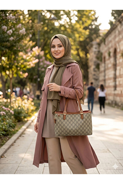 SUNİ DERİ Bej Monogram Desenli Taba Detaylı Kadın Omuz Çantası