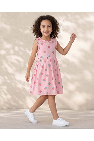 REDTAG Girls Pink Strawberry Allover Print Sleeveless Dress With Frill Detail