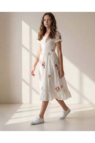 REDTAG Senior Girls Ivory Floral Organza Smocking Dress