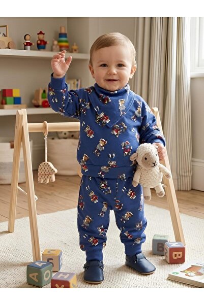 PAMUK ZAMANI Erkek Bebek Lacivert Ayıcık Baskılı Alt Üst Takım ve Mama Önlüğü...