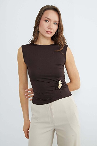Fulla Moda Buckle Detailed Crew Neck Blouse
