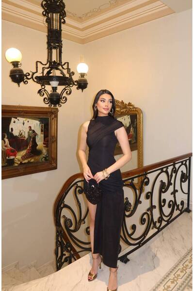 EEES KADIN DALGIÇ KUMAŞ DRAPELİ KUYRUK DETAY PARTY ELBİSE